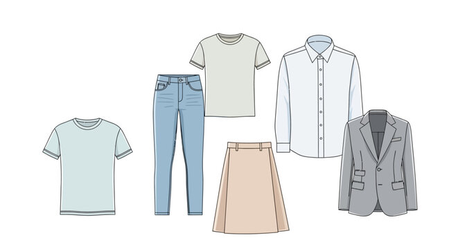 A versatile collection of men's clothing featuring a set of shirts, casual pants, and business jackets in a vector illustration template designed for modern apparel and textile fashion styles