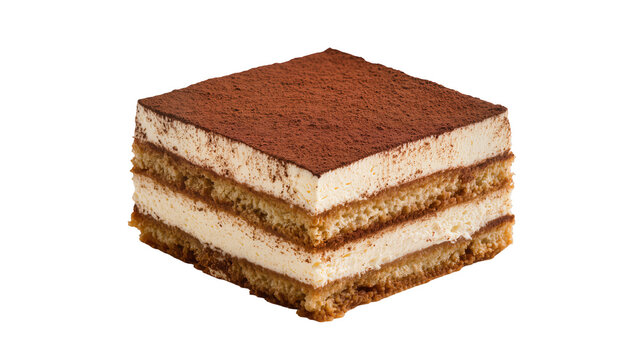 Layered tiramisu dessert with cocoa powder dusting, isolated on transparent background