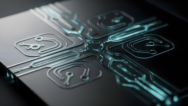Futuristic Lab-on-a-Chip Microfluidic System with Glowing Channels - Biotechnology Concept
