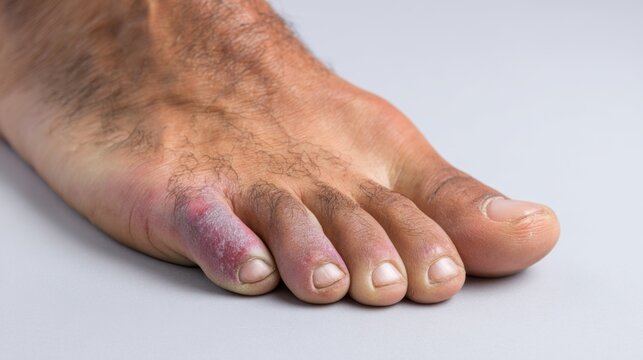 Close-up of a foot with a bruised toe showing signs of hematoma and discoloration against a neutral background
