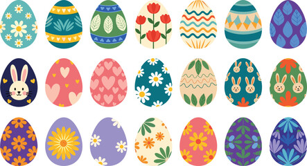 Colorful Easter egg vector collection featuring twenty-one unique hand drawn patterns including flowers bunnies hearts and geometric shapes for festive spring holiday greeting card designs. © Aminul