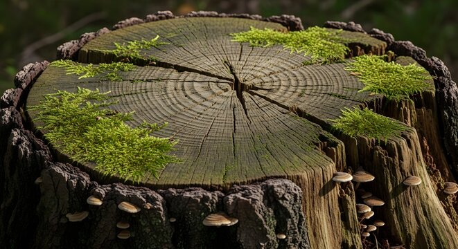 Close-up of Moss-Covered Tree Stump with Growth Rings.