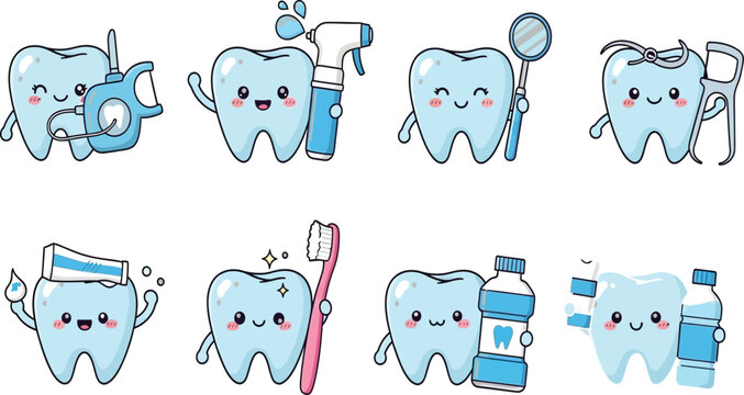 Cartoon teeth characters with dental tools Vector
