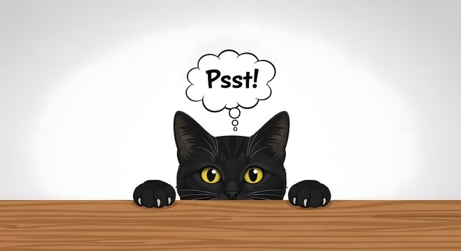 Black Cat Peeking Over Wooden Surface with Psst Speech Bubble.