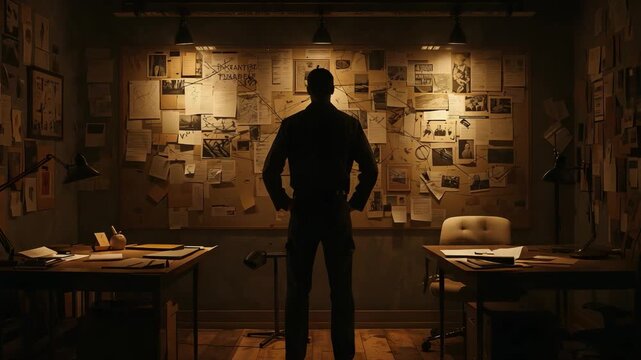 Man in Suit Standing Hands on Hips Facing Wall Covered with Photos Notes and Strings in Dim Investigation Room