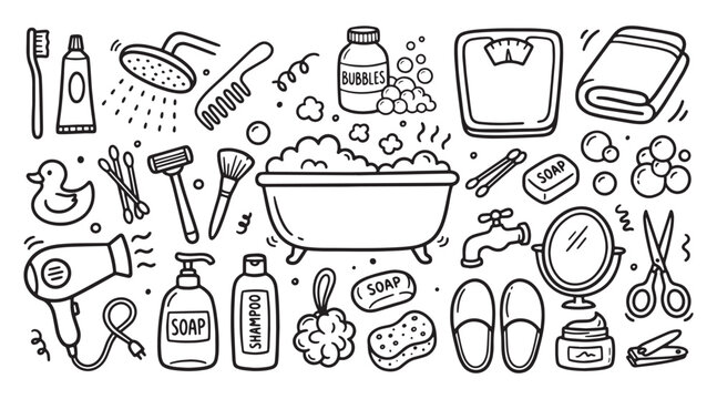 Doodle Bathroom icons set. Hand drawn scribble washing icons. Graphic design elements isolated on white background. Vector illustration and PNG file