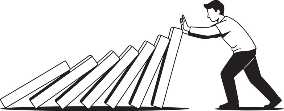 A man pushing falling domino blocks to stop the reaction chain