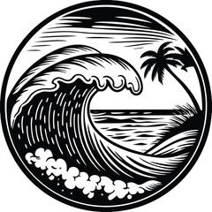 Black and white wave, ocean wave, tropical beach, palm tree, vector icon © AHOSAN