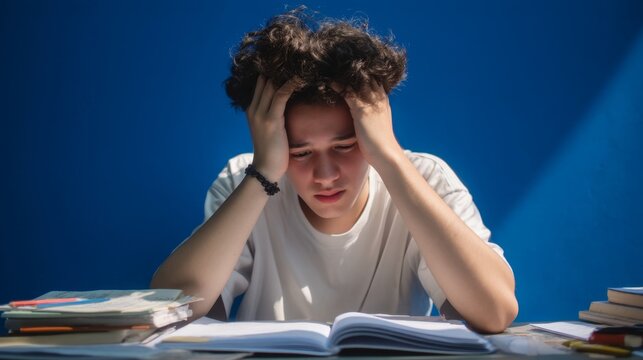 A young man struggles with study stress while surrounded by books. His expression shows the weight of academic pressure. This image captures the emotions of learning and study challenges. AI