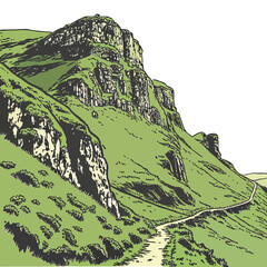 vector illustration of rocky hills with green vegetation and winding path scenic landscape high quality professional detailed © ggg