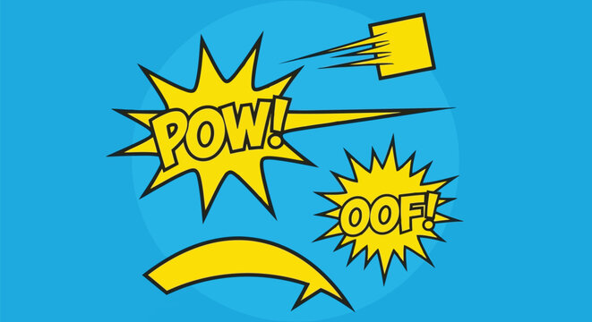 Vector art of vibrant comic book style speech bubbles with pow, oof, and boom effects isolated on blue background