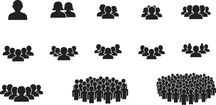 Set of black people icons representing different group sizes and population counts for business and social infographics