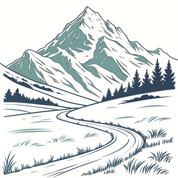 Snow mountain range with winding road and evergreen trees clean vector illustration high quality professional detailed modern