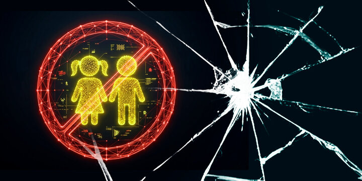 Conceptual 3D illustration of restricted access for minors featuring glowing child figures, prohibition sign, and shattered glass.