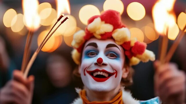 A clown stands in the city square at night, holding lit torches. The clown wears colorful makeup and a cheerful expression. The crowd enjoys the festive atmosphere around
