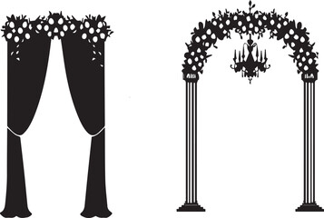 Fototapeta premium Elegant Wedding Arch Silhouette Vector Collection Featuring Floral Decorations, Luxurious Chandelier, and Romantic Curtains for Wedding Ceremony Entrances and Event Decor Design