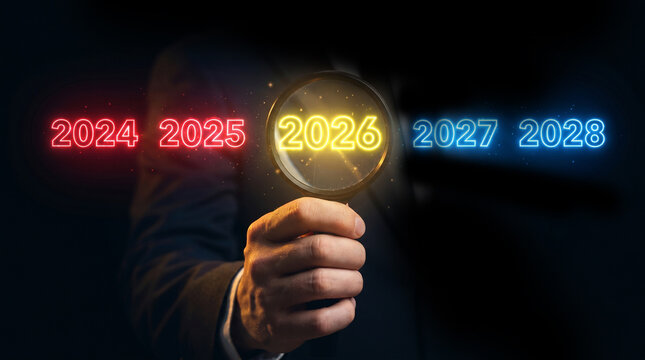 Businessman focusing on 2026 with a magnifying glass among glowing neon years, symbolizing future business planning and strategic vision.
