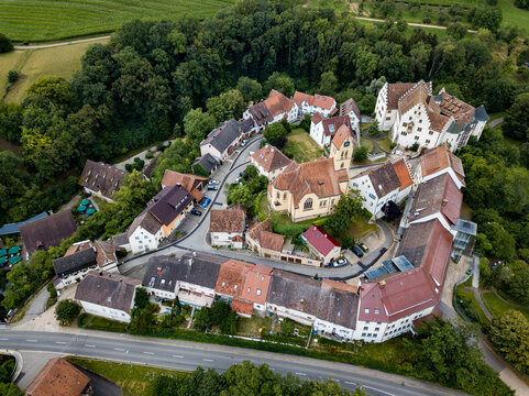 Aerial view of the German old town Blumenfeld, which looks like a heart shape from bird view, Tengen, Germany