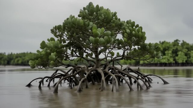 Unique mangrove tree with exposed aerial roots growing in shallow water during an overcast day