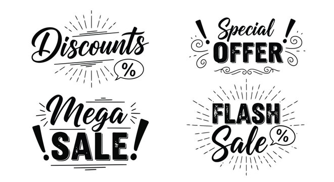 Vector art of vibrant sale and discount labels with special offer and flash sale text