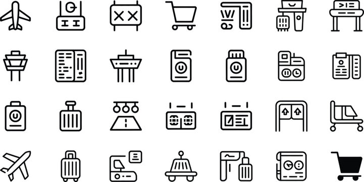 Set of airport and travel icons with boarding pass control tower check in airport shuttle