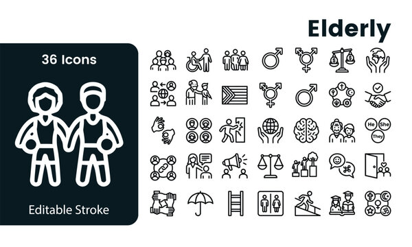 Elderly care and senior lifestyle icons, 36 thin line vector symbols for aging population, geriatric health and social support services