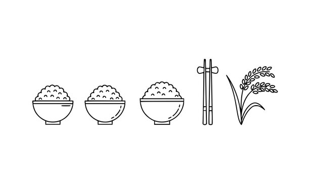 Asian cuisine bowl and rice stalk line icons, traditional food and agriculture symbols.