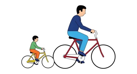 Obraz premium Father and son cycling together, illustrating different bicycle sizes and the joy of outdoor family activities, growth, and learning to ride.
