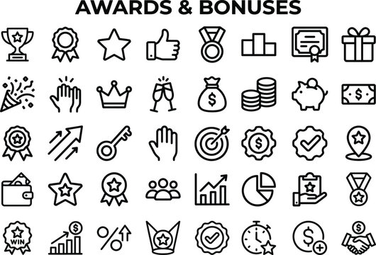 Awards and bonuses icon set, business achievement and financial reward line icons, 40 vector elements for gamification and employee recognition