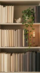 Fototapeta premium Minimal Bookshelf with Neutral Books Candle and Trailing Plant for Cozy Intellectual Home Aesthetic