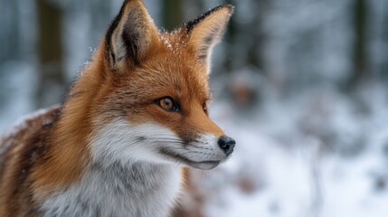 Obraz premium A majestic red fox stands gracefully in a snowy landscape. Its vibrant fur contrasts with the winter backdrop. This wildlife portrait captures the essence of nature. AI