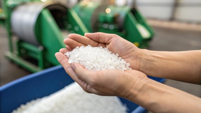 Hands holding white plastic pellets with industrial machinery in the background, indicating raw material processing or manufacturing.