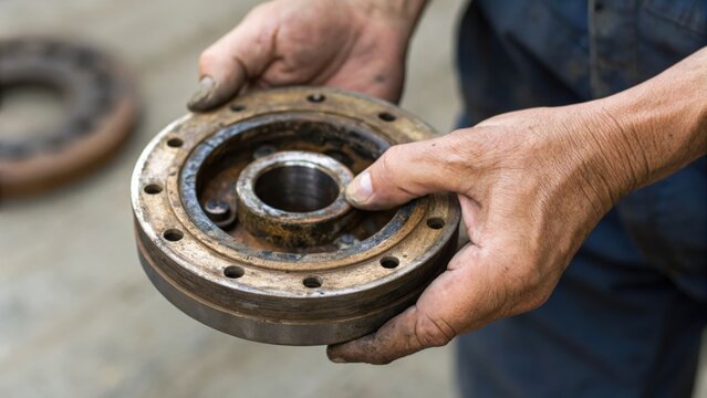 A worker's dirty hands hold a rusty metal mechanical part, highlighting manual labor and industrial maintenance.