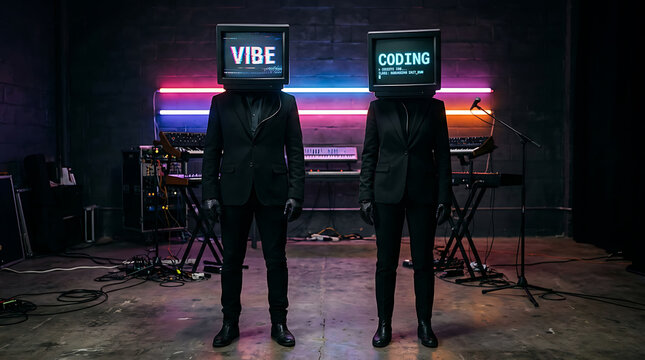 Two people in suits with vintage television sets on their heads displaying text in a dark studio with neon lighting