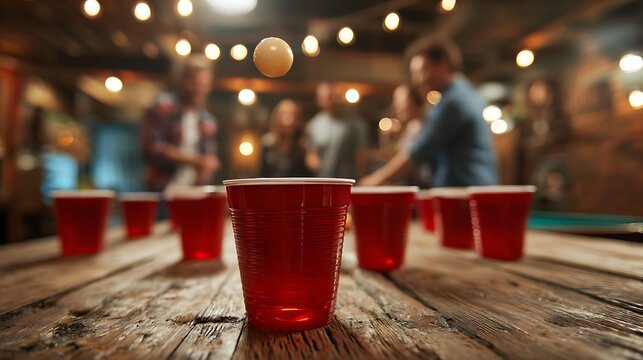 Lively beer pong party game with red cups on rustic wooden table in warm bar lighting