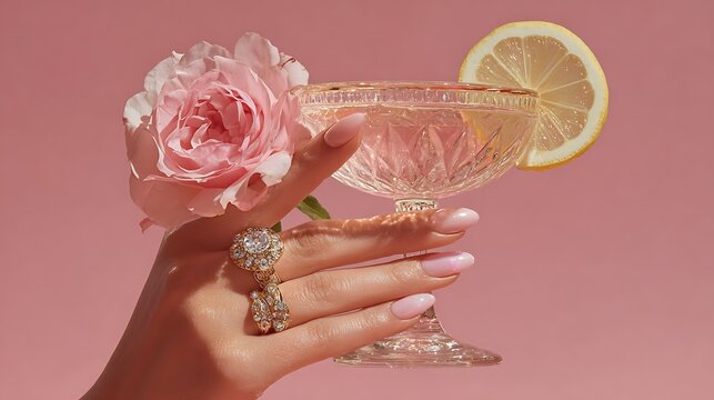 Glamorous feminine hand with jeweled ring holding pink cocktail coupe with rose and lemon on soft pink background