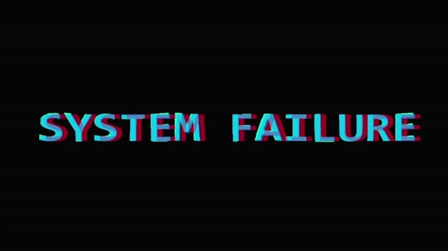 Glitchy system failure text on black background, retro computer error message with chromatic aberration, digital crash and technical malfunction animation