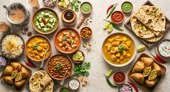 Curry Rice Selection. Indian cuisine spread featuring various dishes including curries, naan bread, samosas, and chutneys arranged on a textured surface with garnishes