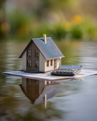 Miniature residential house with calculator in flood water outdoors ideal for property insurance and natural disaster concepts