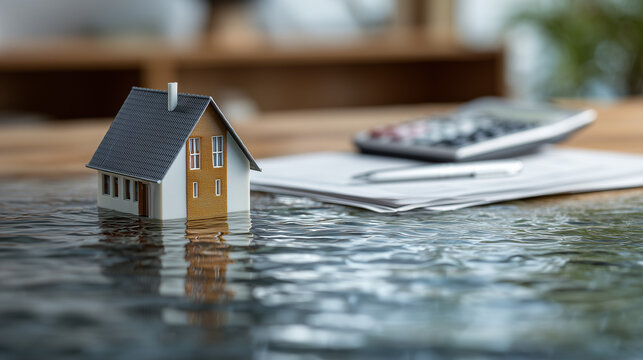Miniature house surrounded by flood water with financial documents indoors ideal for insurance and climate risk concepts