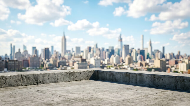 Empty concrete rooftop terrace overlooking a blurred modern city skyline with skyscrapers under a bright blue cloudy sky