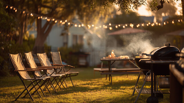 Backyard barbecue party setup with grill smoke folding chairs and warm evening lights in cozy summer garden atmosphere