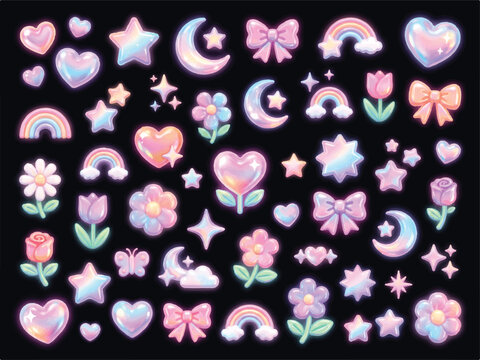 Set of cute pastel holographic stickers with hearts stars flowers rainbows and bows on black background