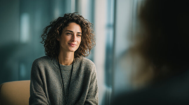 Thoughtful young woman during psychotherapy session in modern counseling office creating calm emotional support and mental wellness concept