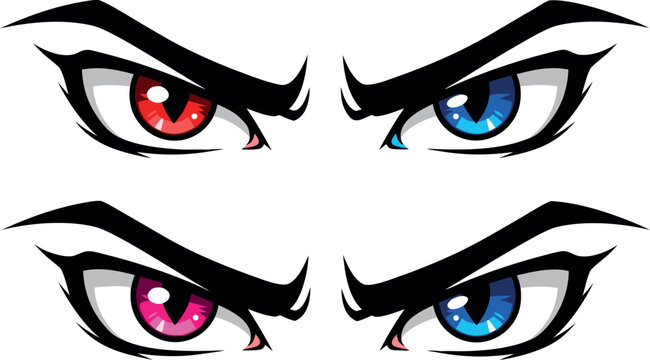 Aggressive and angry anime eyes set featuring red and blue glowing pupils with sharp black eyebrows illustration