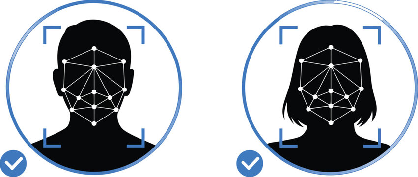 Face ID icon, illustration, biometric identification system vector design featuring facial scan recognition and secure identity verification concept.