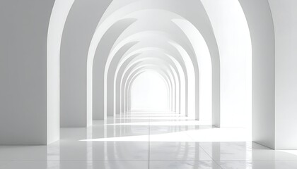 Fototapeta premium All-white hallway receding into bright light through repeating arches