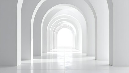 Obraz premium All-white hall with repeating arches leading to bright light