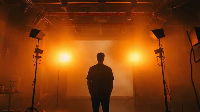 Man standing with back to camera in dense orange hazy fog filled studio surrounded by bright spotlights on stands