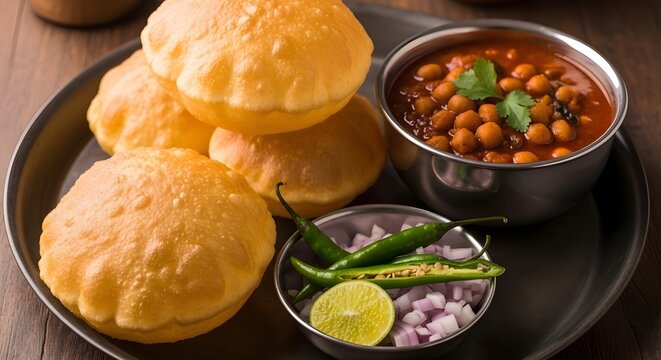 Indian street food crispy puri with chole and accompaniments